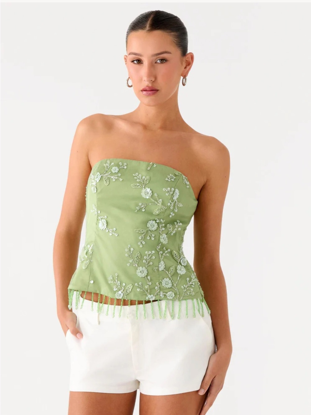 Peppermayo Set - Green Beaded Strapless Embroidered Set (Top + Skirt)
